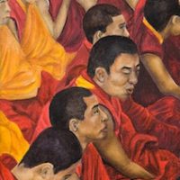 Miniature painting, 16 Monks (Arhats), Oil on Board, 1996, by Uriél Danā